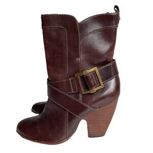 Frye Mid Calf Harness Boots Size 7M Andrea Brown Leather Block Heel Pull On
